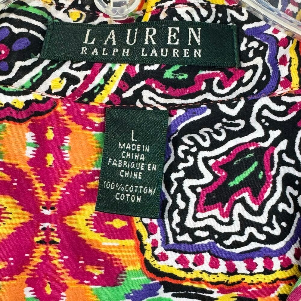 Ralph Lauren Vibrant Colorful Paisley Print Orange Button-Up Sateen Shirt Large - Picture 7 of 8